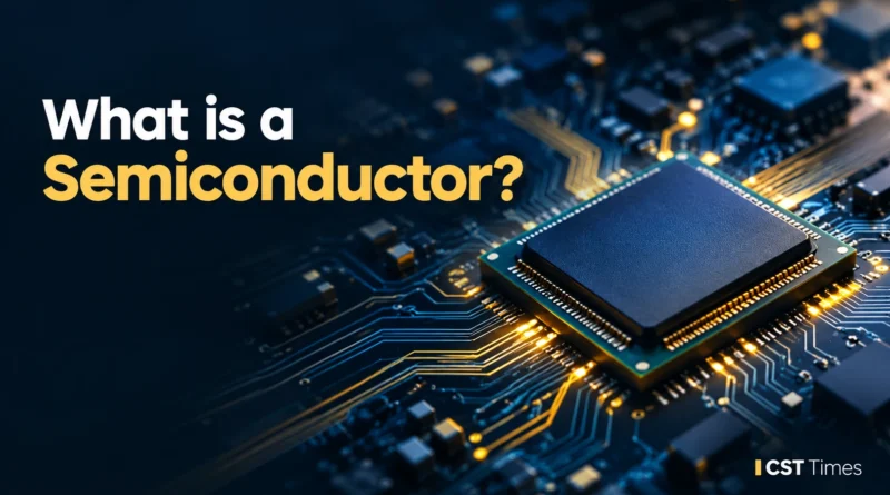 What is a semiconductor? A close-up view of a semiconductor chip on a glowing circuit board.
