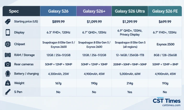 Galaxy S26 vs S26+ vs S26 Ultra vs S26 FE