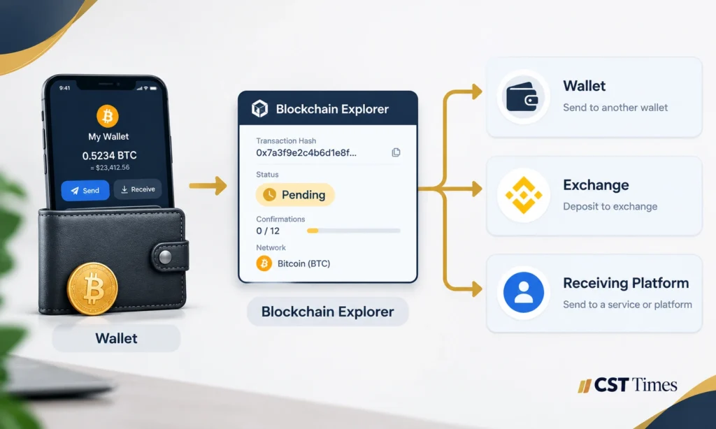 Crypto transaction pending troubleshooting flow from wallet to blockchain explorer to support