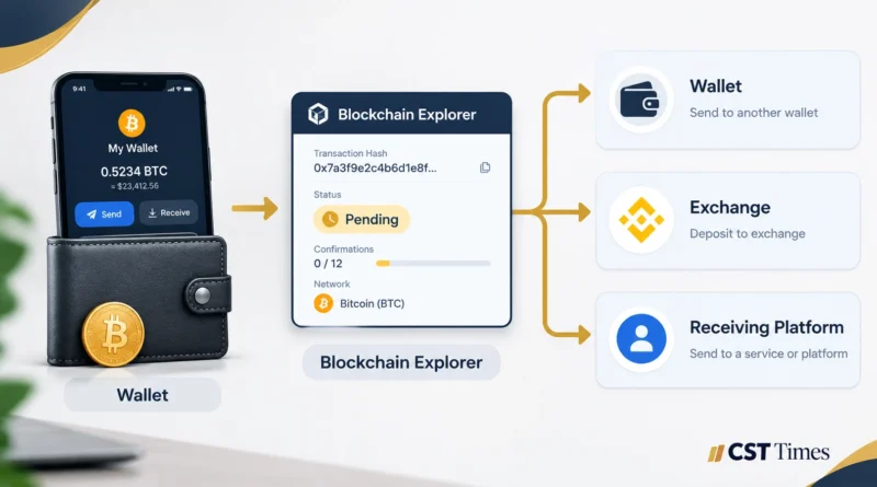 Crypto transaction pending troubleshooting flow from wallet to blockchain explorer to support