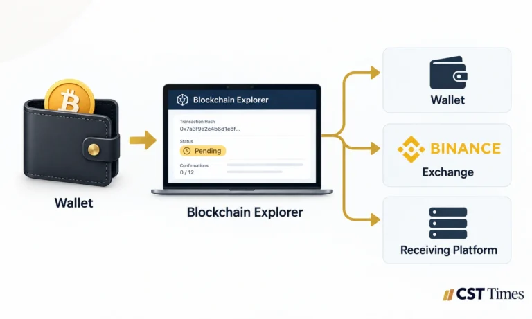 Crypto transaction pending troubleshooting flow from wallet to blockchain explorer to support