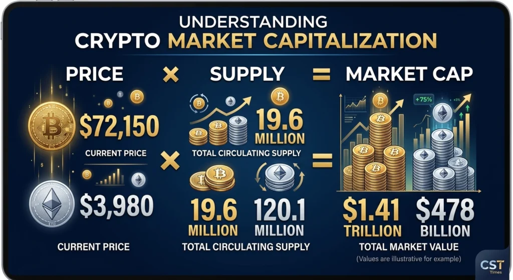 Illustration showing how crypto market cap is price multiplied by circulating supply
