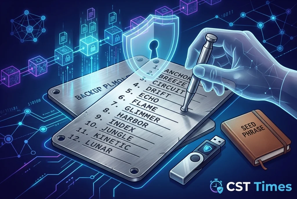 Crypto seed phrase written as 12 words on a recovery card next to a hardware wallet