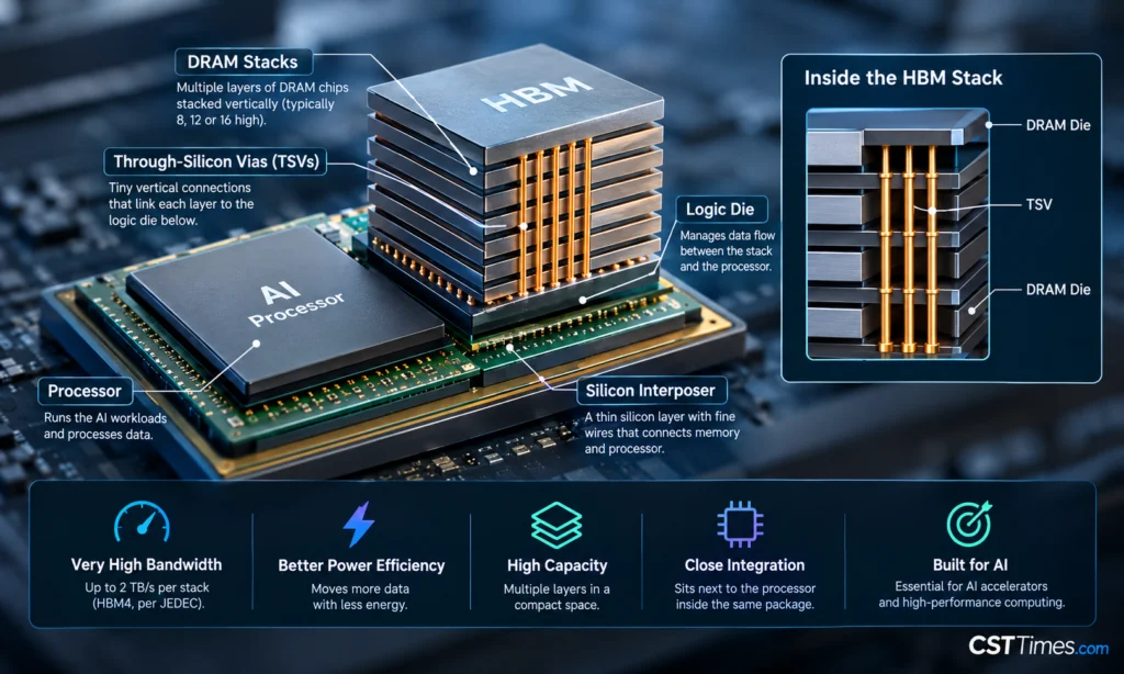 HBM memory stack beside an AI processor, showing stacked DRAM chips and TSV connections for faster AI data processing.