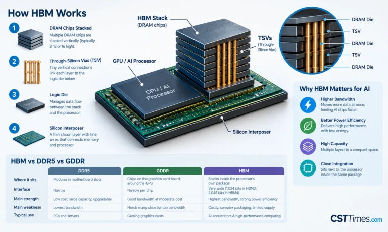 HBM memory stack beside an AI processor, showing stacked DRAM chips and TSV connections for faster AI data processing.