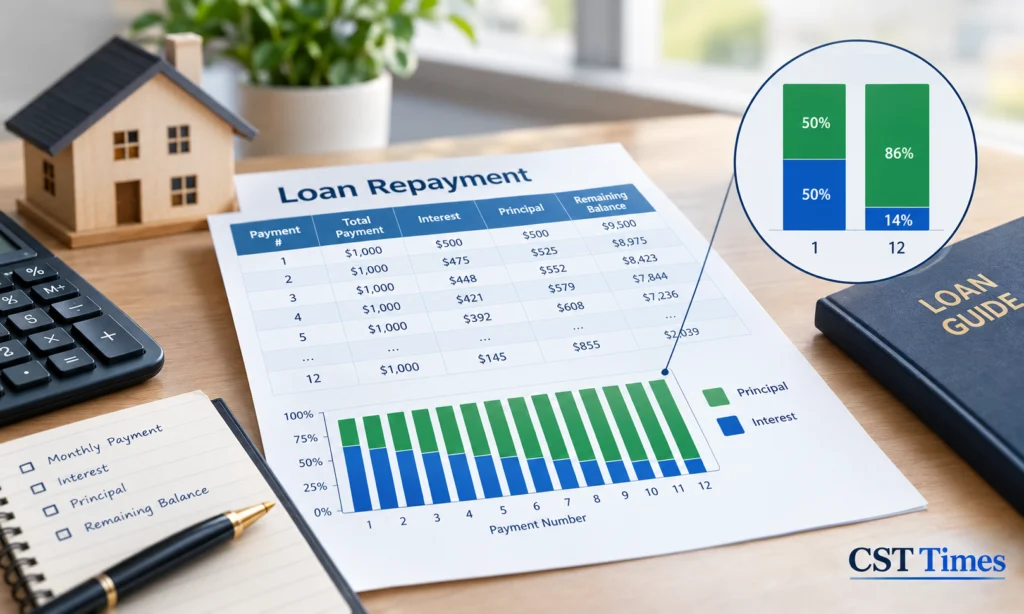Amortization schedule chart showing how interest and principal change with each loan payment