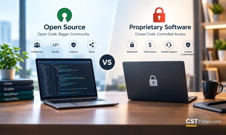 Open source vs proprietary software comparison showing open code on one side and locked code on the other