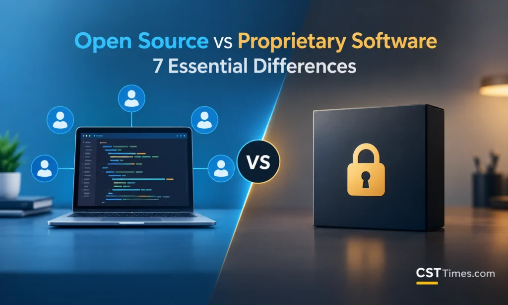 Open source vs proprietary software comparison showing open code on one side and locked code on the other