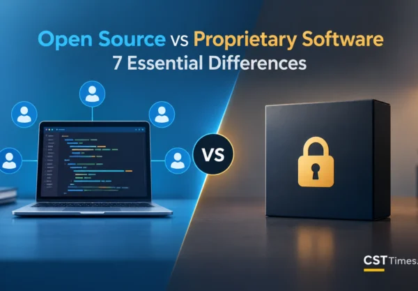 Open source vs proprietary software comparison showing open code on one side and locked code on the other