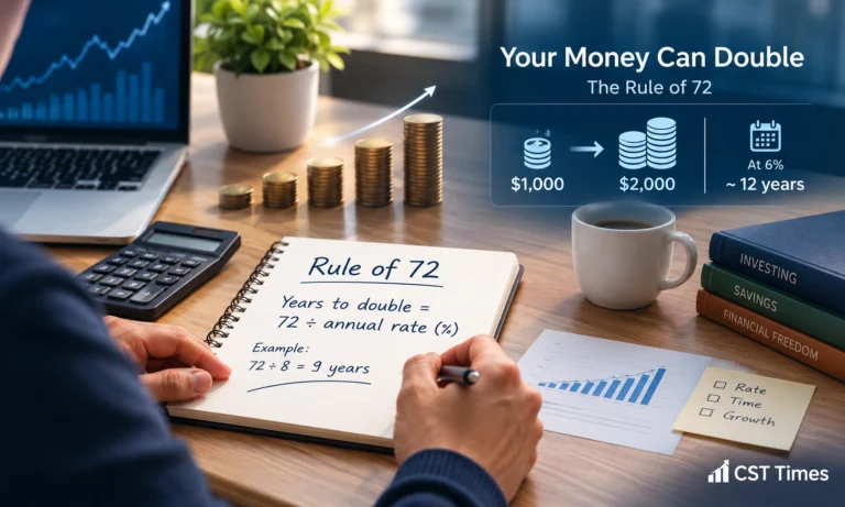 Rule of 72 formula: 72 divided by an 8% annual rate equals about 9 years to double money