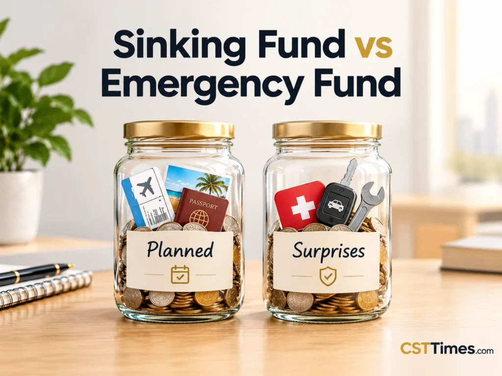 Sinking fund vs emergency fund shown as two labeled savings jars, one for planned costs and one for surprises