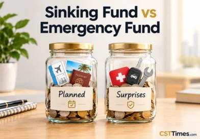 Sinking fund vs emergency fund shown as two labeled savings jars, one for planned costs and one for surprises