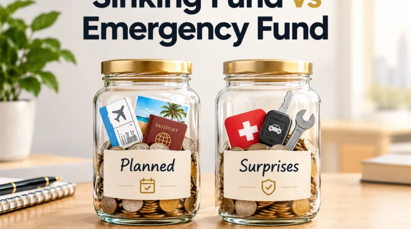 Sinking fund vs emergency fund shown as two labeled savings jars, one for planned costs and one for surprises