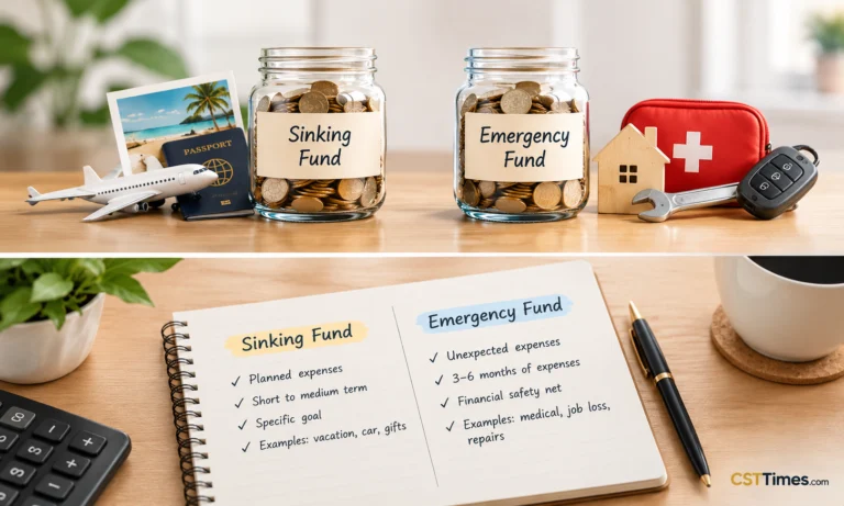 Sinking fund vs emergency fund shown as two labeled savings jars, one for planned costs and one for surprises