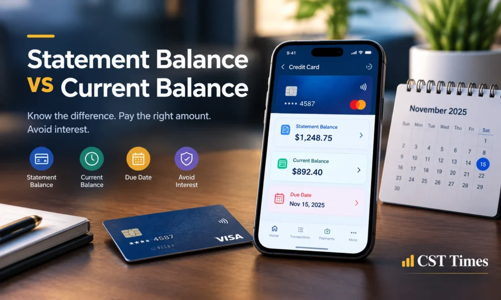 Credit card app showing statement balance vs current balance with a payment due date