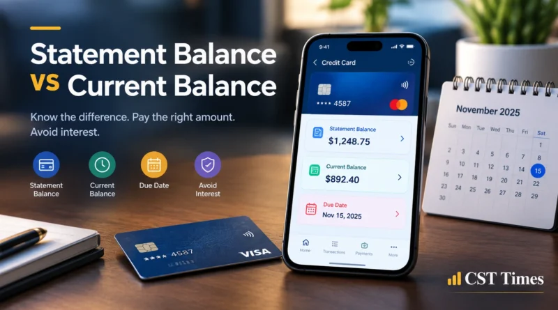 Credit card app showing statement balance vs current balance with a payment due date