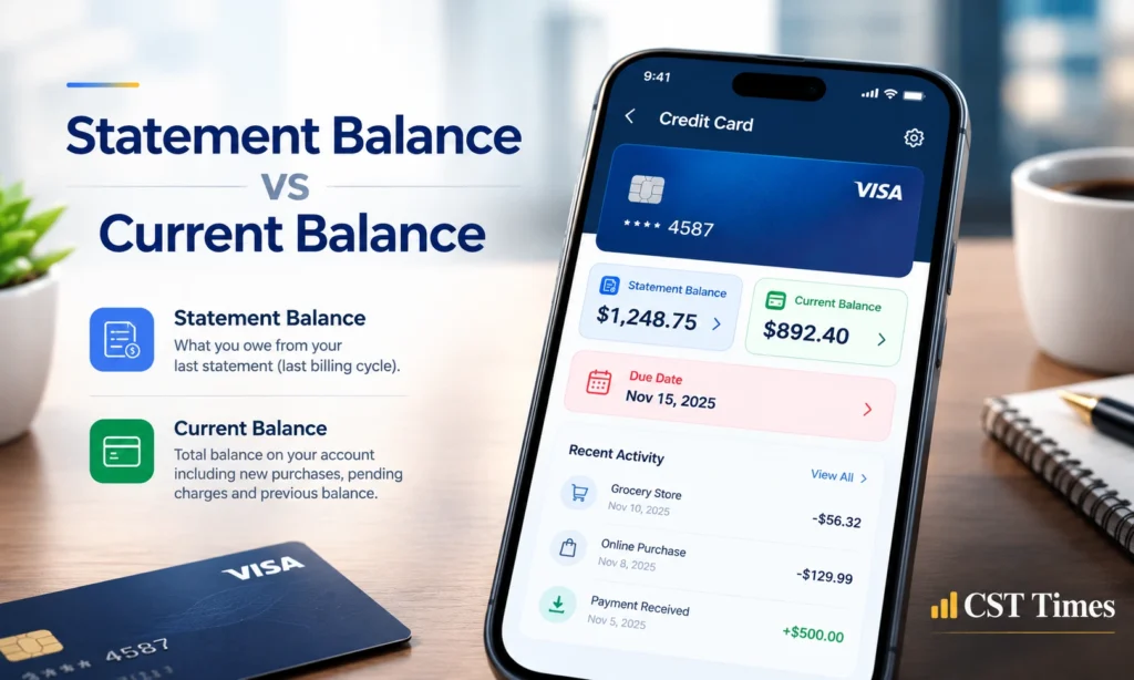 Credit card app showing statement balance vs current balance with a payment due date