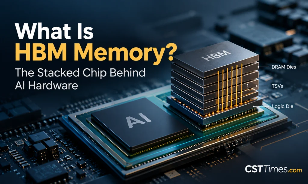 HBM memory stack beside an AI processor, showing stacked DRAM chips and TSV connections for faster AI data processing.