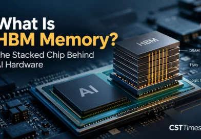 HBM memory stack beside an AI processor, showing stacked DRAM chips and TSV connections for faster AI data processing.
