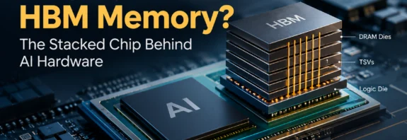 HBM memory stack beside an AI processor, showing stacked DRAM chips and TSV connections for faster AI data processing.