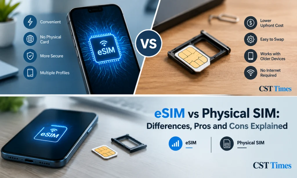 eSIM vs physical SIM comparison showing a smartphone with a built-in eSIM chip beside a removable nano-SIM card