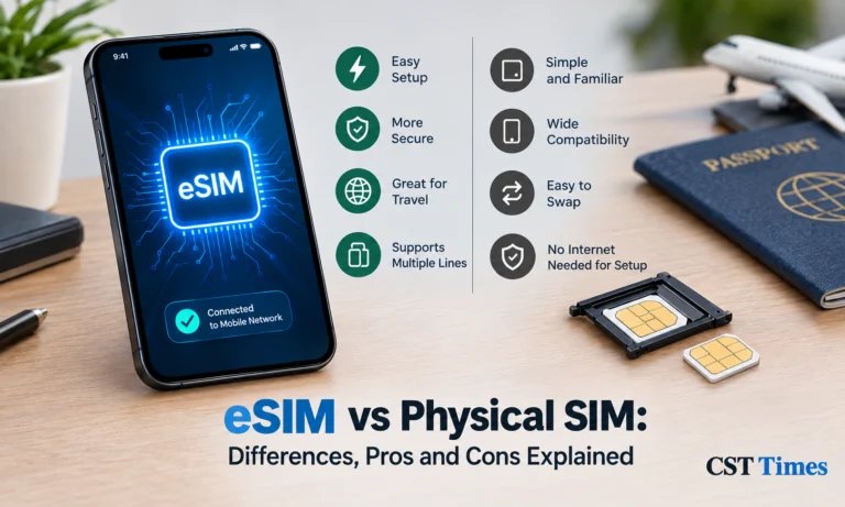 eSIM vs physical SIM comparison showing a smartphone with a built-in eSIM chip beside a removable nano-SIM card