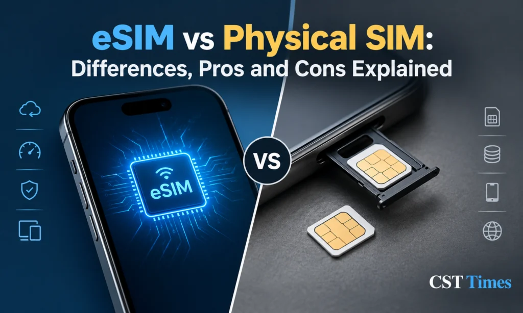 eSIM vs physical SIM comparison showing a smartphone with a built-in eSIM chip beside a removable nano-SIM card