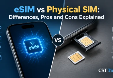 eSIM vs physical SIM comparison showing a smartphone with a built-in eSIM chip beside a removable nano-SIM card